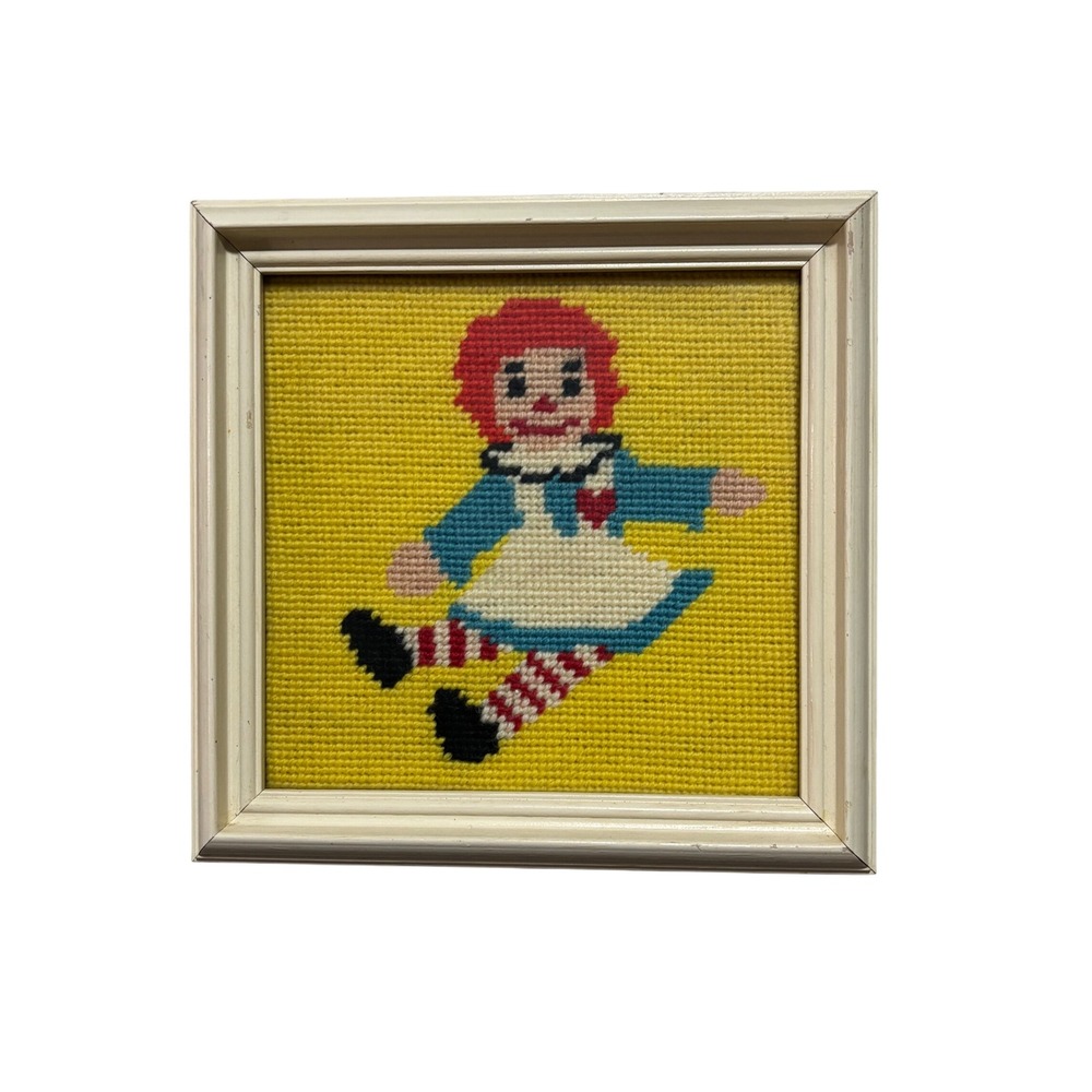 Vintage Framed Raggedy Ann Needlepoint Art Yellow Background‎